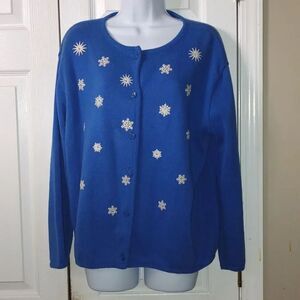 Tia Designs blue cardigan embroidered white snowflakes  winter snow  Sz L